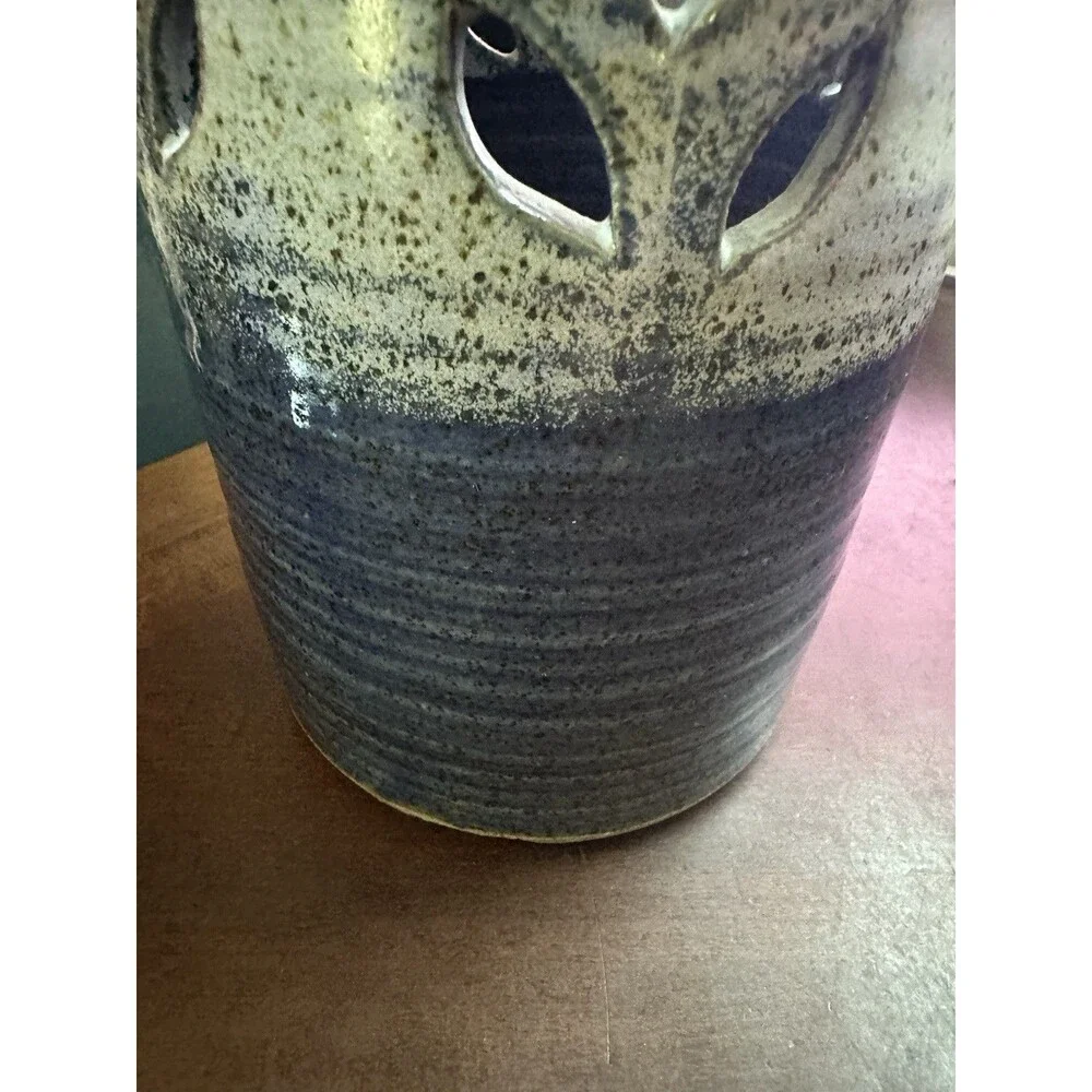 Paul Corbin Art Studio Pottery Stoneware Blue Gray Floral Cutout Utensil Holder